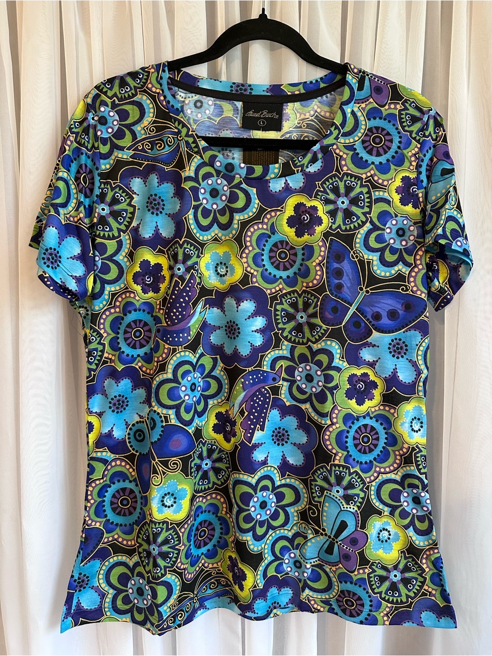 Laurel Burch Blue, Green & Yellow Floral Butterfly Short Sleeve lightweight Tee